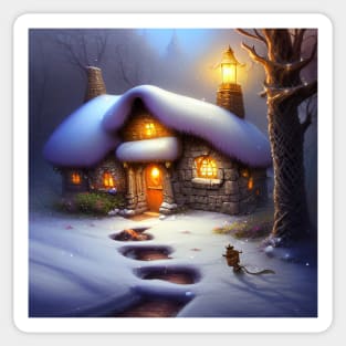 Magical Fantasy Cottage with Lights In A Snowy Scene, Scenery Nature Sticker